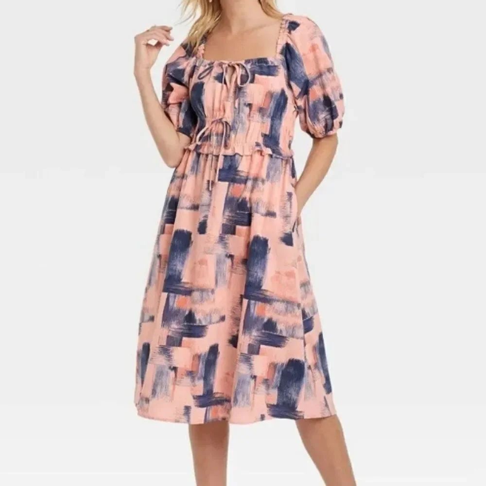 Universal Thread Pink and Blue Puff Sleeve Midi Dress Size S